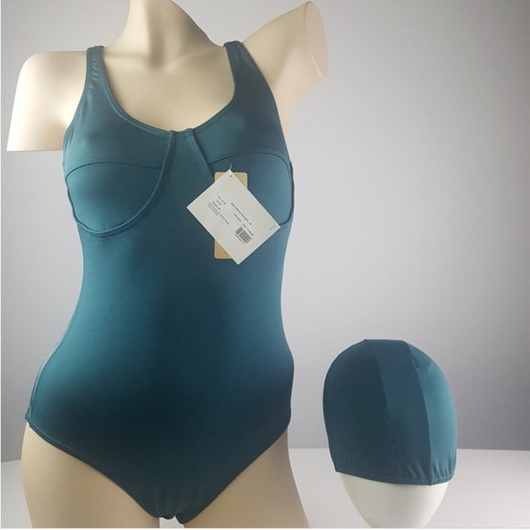 Swimsuit with matching Cap, Green New, MEDIUM - Picture 1 of 13